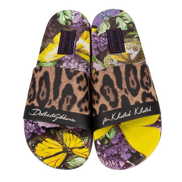Dolce & Gabbana - DJ Khaled Slides Sandals with Butterfly Leopard Print Black Pu - Picture 2 of 5